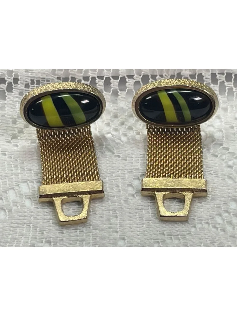 Vintage HICKOK Gold Mesh Wrap Cufflinks Black Green Atomic Glass Cabochon MCM